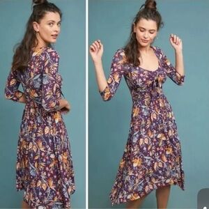 Anthropologie Purple and Orange Floral Long Sleeve Dress